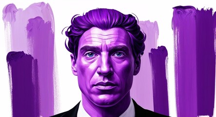 A purple expressionist artwork illustrating a human visage on clear white background