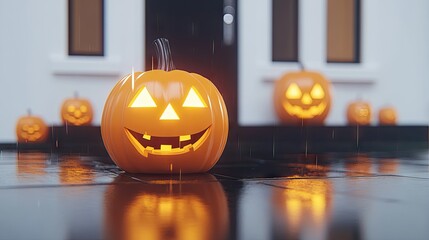 Obraz premium A spooky night scene with multiple jack-o'-lanterns glowing eerily on the steps of a haunted house.