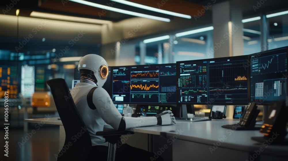 Aufkleber a humanoid robot sits at an advanced trading desk, analyzing multiple holographic screens with finan
