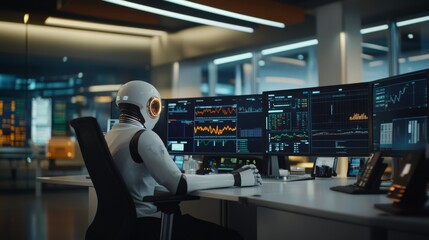 A humanoid robot sits at an advanced trading desk, analyzing multiple holographic screens with financial graphs and data in a sleek, high-tech environment