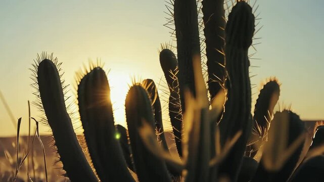 A close-up of a group of cactus plants with the sun setting in the background. The cactus plants are silhouetted against the golden sky. The sun is a glowing orb, illuminating the scene.