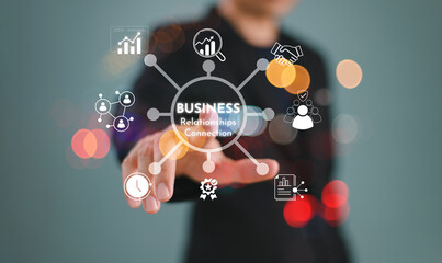 Business relationship connection concept. Partnership ecosystem, collaboration link technology service. Leadership trust handshake contact icon on global network background. Investment opportunity