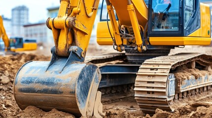 Fototapeta premium A yellow excavator digging into the earth at a large construction site, dust rising from the bucket as soil is lifted.