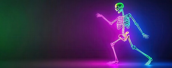 Neon skeleton illustration on dark background, vibrant colors, energetic pose.