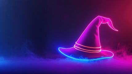 Neon witch hat glowing against a colorful misty background.