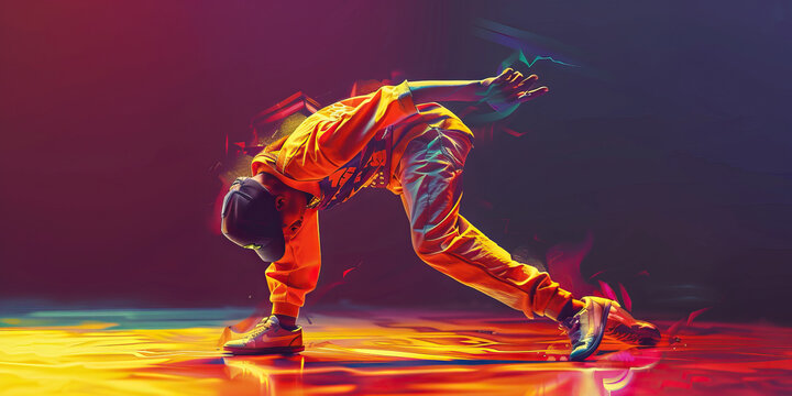 Dance (Breakdancing): A figure performing a breakdance move, symbolizing the popularity of breakdancing in the 1980s