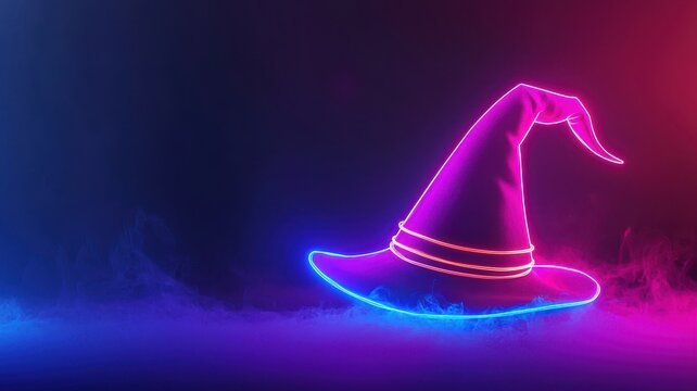 Neon witch hat glowing against a colorful misty background.