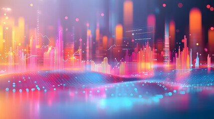 3D Holographic Financial Charts and Compliance Icons on Soft Abstract Background for Business Promotions, Modern Aesthetic with Ample Copy Space