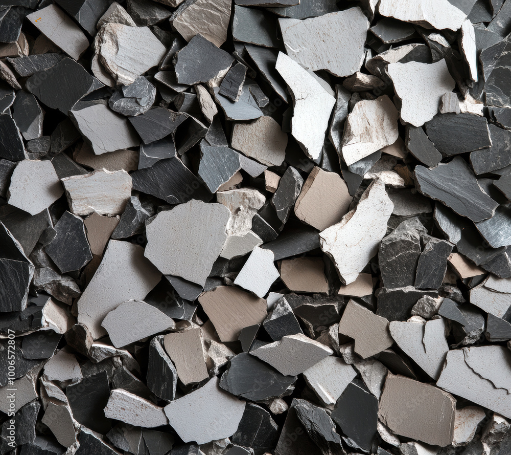 Poster a captivating array of textured stone fragments in shades ranging from deep black to soft gray, crea
