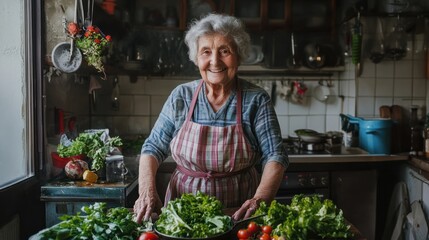 Old italian Grandma, Nonna stands in the kitchen, cooking italian traditional food and smiling into the camera, people lifestyle woman photography