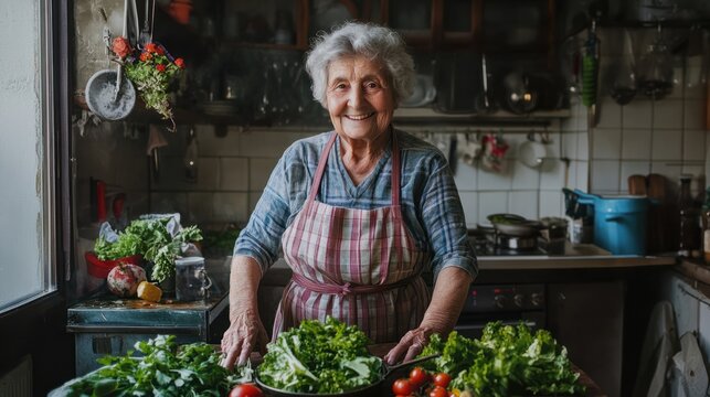 Old italian Grandma, Nonna stands in the kitchen, cooking italian traditional food and smiling into the camera, people lifestyle woman photography