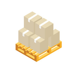 Vector isometric  boxes on wooden pallet. Isolated background