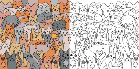 Fototapeta premium Lots of cute cats. Background from cats. Coloring. Vector illustration. Cute and funny cats doodle vector set. Cartoon cat or kitten characters design collection with flat color in different poses. 