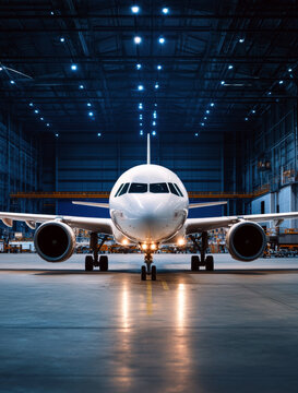 A stunning view of a sleek airplane positioned in a modern hangar, illuminated by bright artificial lights, showcasing intricate details and the grandeur of aviation technology.
