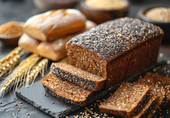 A sliced whole grain bread loaf covered in seeds, placed on a rustic slate board with wheat stalks in the background.
