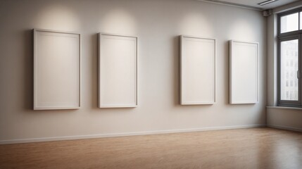 Obraz premium Empty poster frames and room with a window and wall 3d illustration.