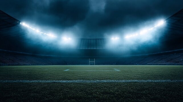 foggy rugby stadium at night