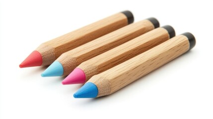 Obraz premium Three cute wooden pencils with colorful erasers, isolated on white, adding a touch of charm to office supplies