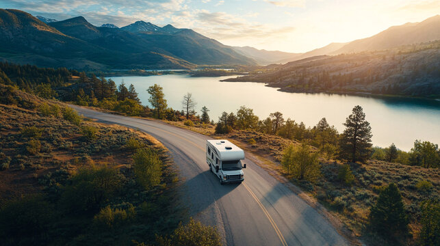 scenic road trip with RV by the lake