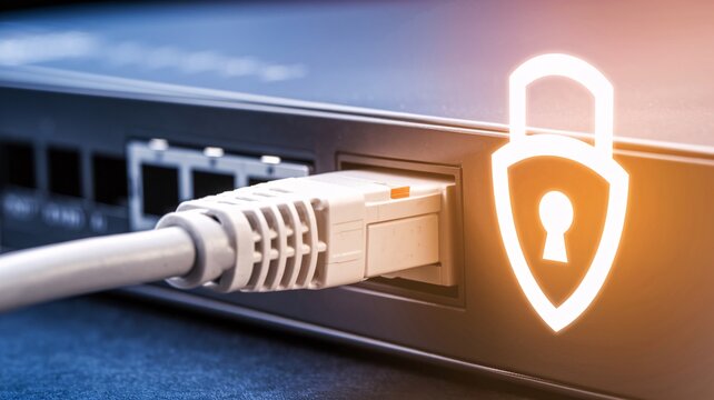 A close-up of a network cable plugged into a router with a glowing "secure" symbol indicating a protected network connection.