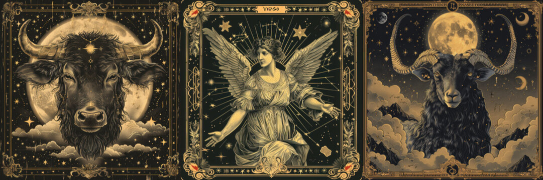 Zodiac-themed illustrations showing Taurus, Virgo, and Capricorn under the stars, with elaborate gold detailing and cosmic elements, symbolizing astrological traits in style of tarot cards