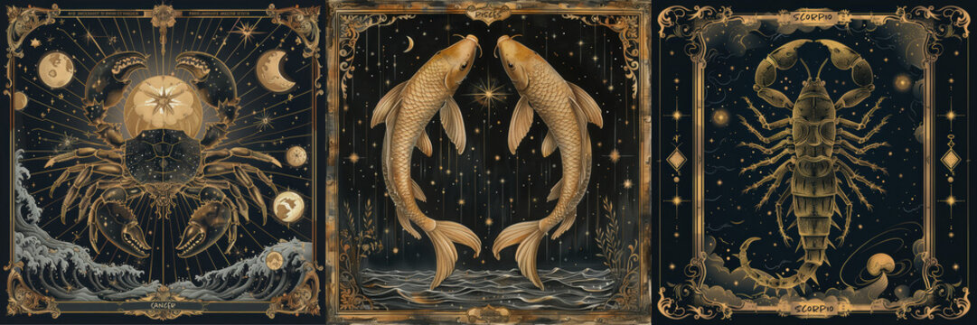 Celestial zodiac art showing Cancer, Pisces, and Scorpio with cosmic and astrological elements in style of tarot cards