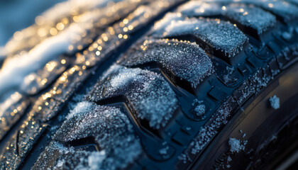 Fototapeta premium Car tire close-up. The tire is covered with snow. Tire.