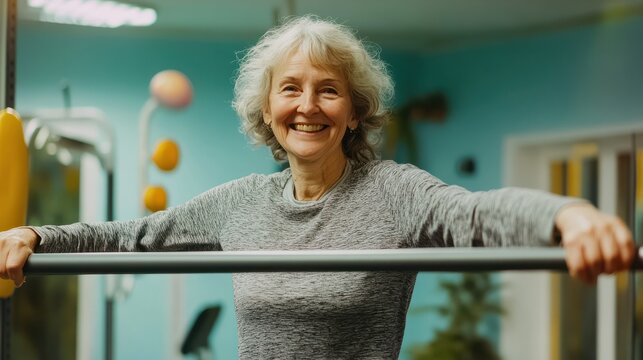 Smiling senior woman using parallel bars during physical therapy