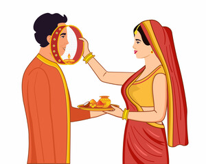 Indian married couple celebrating karwa chauth by looking her husband through a sieve
