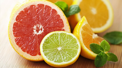 Fototapeta premium A vibrant display of citrus fruits, including slices of grapefruit, lime, orange, and lemon, rests on a light wooden surface.