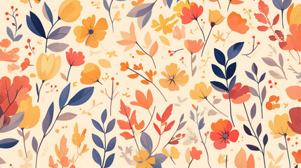 A delicate and colorful floral pattern featuring various stylized flowers and leaves in shades of orange, yellow, red, and blue.