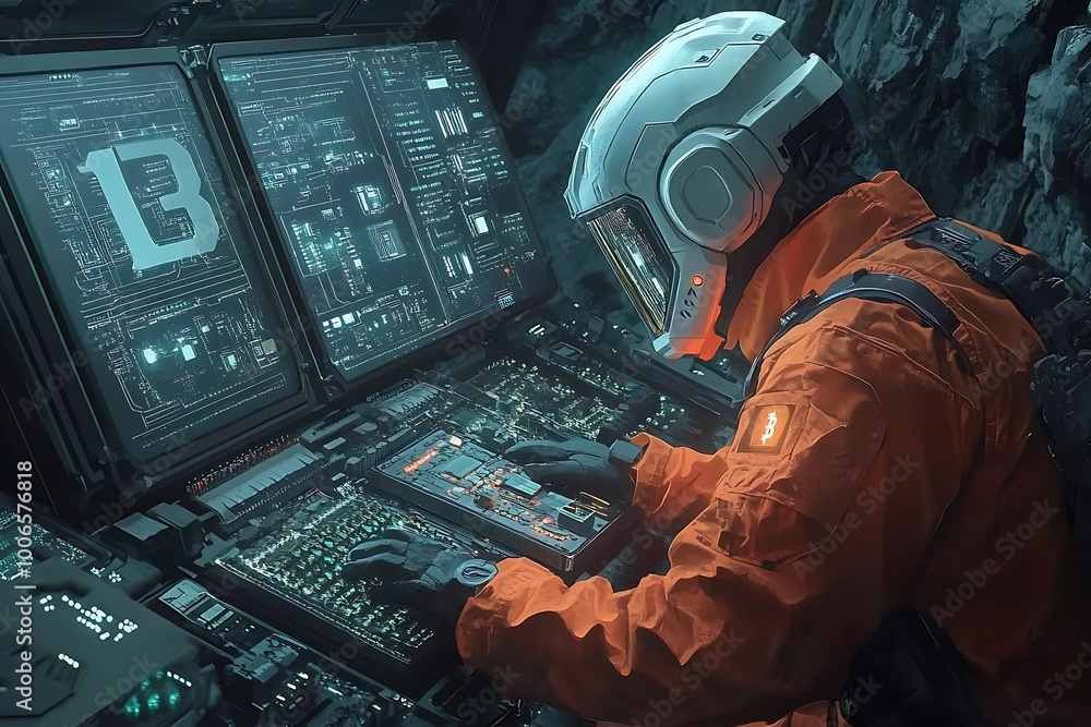 Poster astronaut working on futuristic technology with multiple monitors
