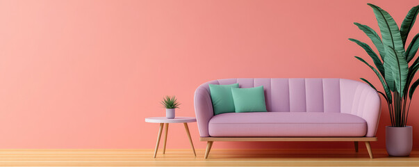 Modern living space featuring a cozy lilac sofa, elegant table, minimalist decor, inviting ambiance, stylish furnishings.