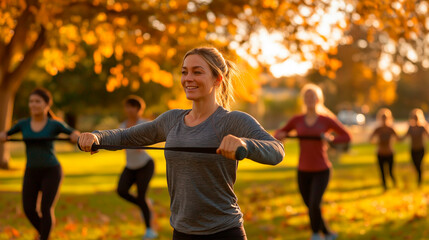 Women are engaged in functional training in the park on a sunny autumn day during an outdoor fitness class
