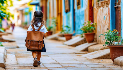 A little girl with a backpack on the street going to school