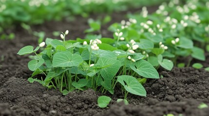 Fresh Green Plants with Tiny White Flowers in Soil