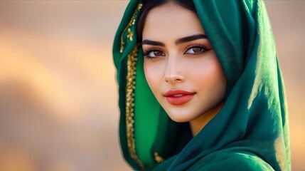Naklejka premium A woman wearing a green headscarf and a green scarf