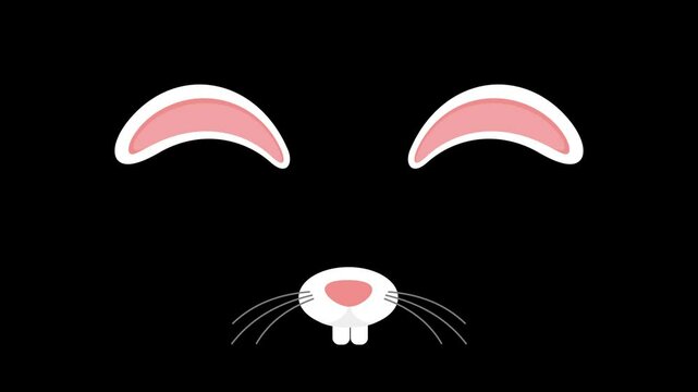 Cartoon animation of a pair of rabbit ears, rabbit mask filter, rabbit mustache and teeth, black alpha channel background, looping animation