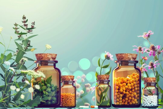 Homeopathy concept with homeopathic medicine in vials