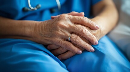A close-up of an elderly person's hand holding the young nurse, both hands gently resting on top of their hospital bed in blue medical attire