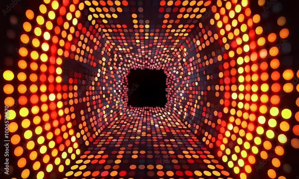 Poster a mesmerizing tunnel of vibrant red, orange, and yellow lights. the lights are arranged in a grid pa