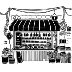 black and white drawing of generic market stall.