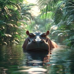 Fototapeta premium A serene scene featuring a hippo in tranquil waters surrounded by lush greenery, highlighting the beauty of wildlife in nature.