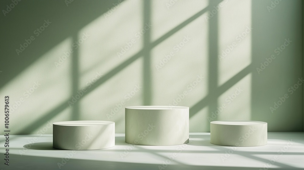 Poster a minimalist background with three round podiums in shades of light green, creating an elegant and c