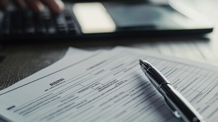 Accountant calculating risks using calculator with ris3 form and pen
