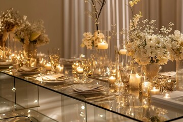 Luxurious Candlelit Dinner Setting with Elegant Floral Arrangements