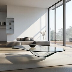 Modern Minimalist Living Room with Sculptural Glass Coffee Table