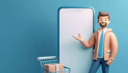 A cheerful cartoon character stands by a smartphone and shopping cart, symbolizing online shopping and digital commerce.