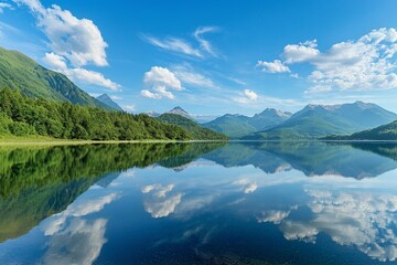 Serene Mountain Lake Reflecting Clear Blue Skies and Majestic Peaks