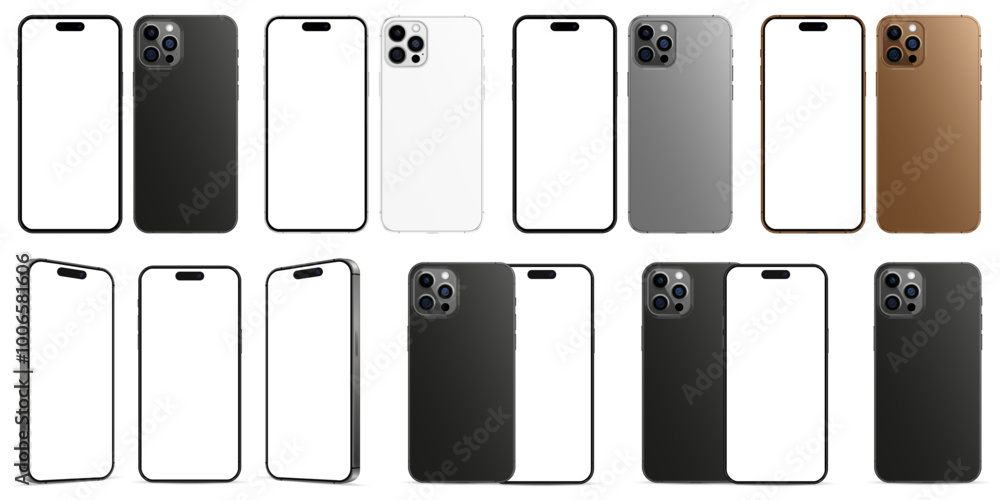 Poster new iphone 16 pro, set in different colors. mockup screen front view iphone with white screens and b
